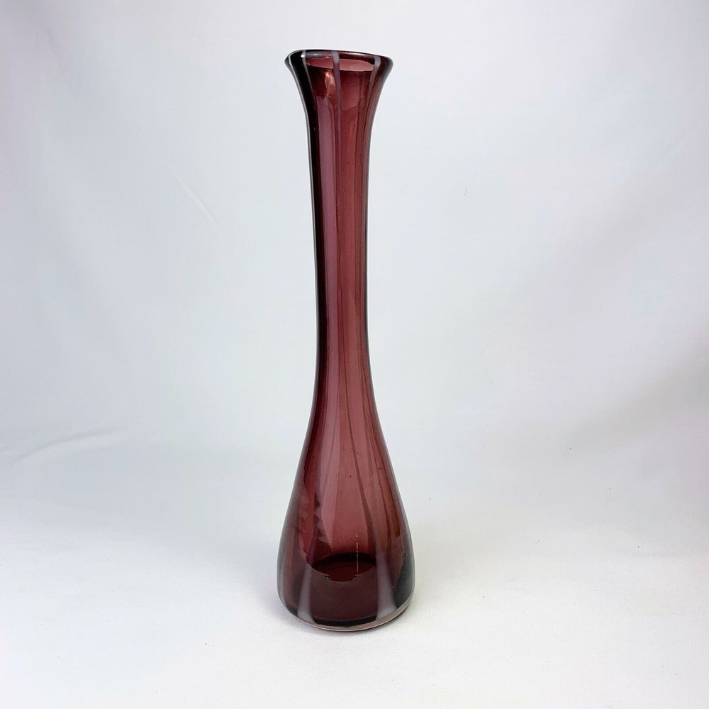 Purple Hand blown glass vase‎ with white stripes
